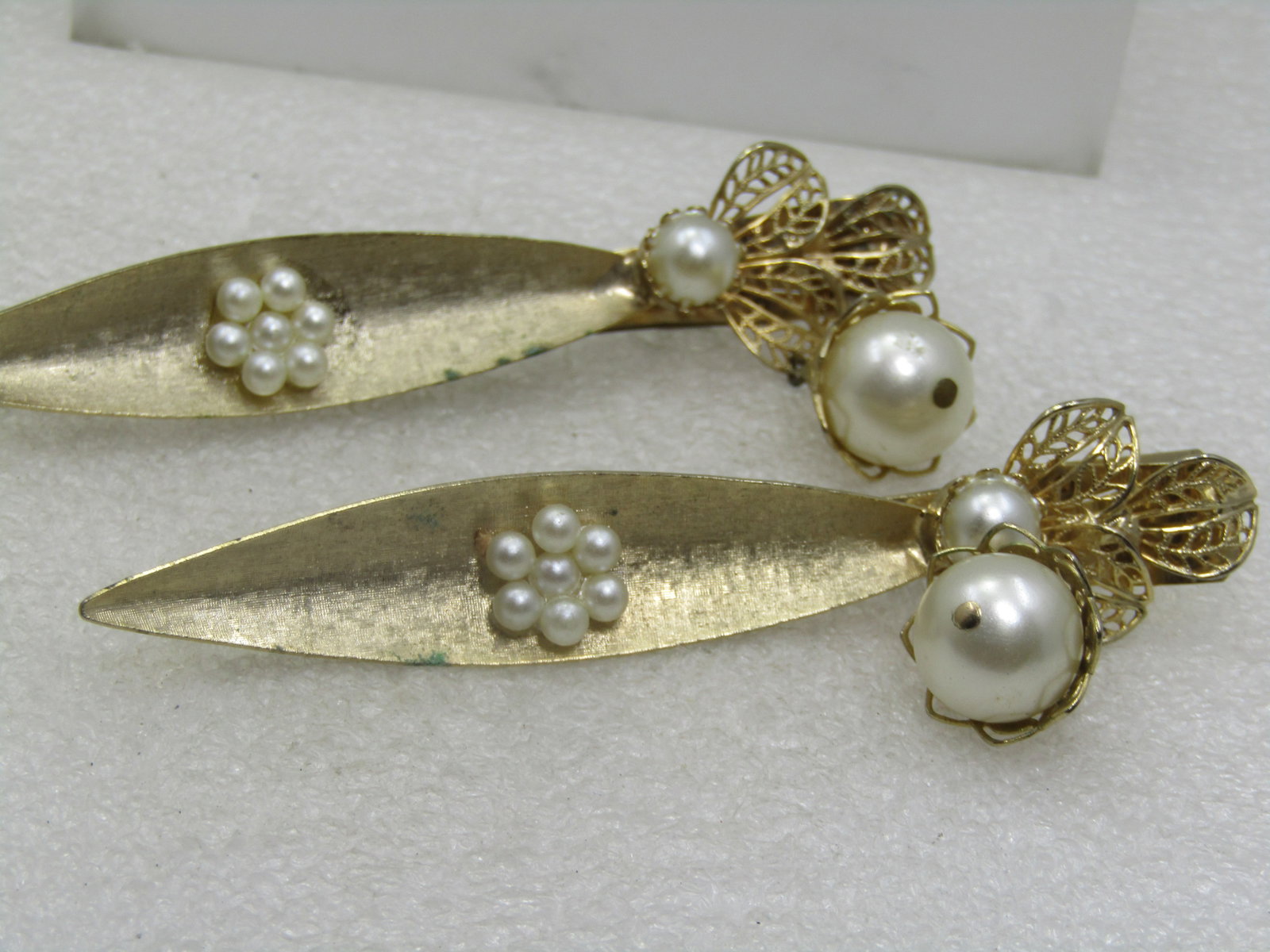 Vintage Pair Long Faux Pearl Barrettes, Filigree Drops - 4