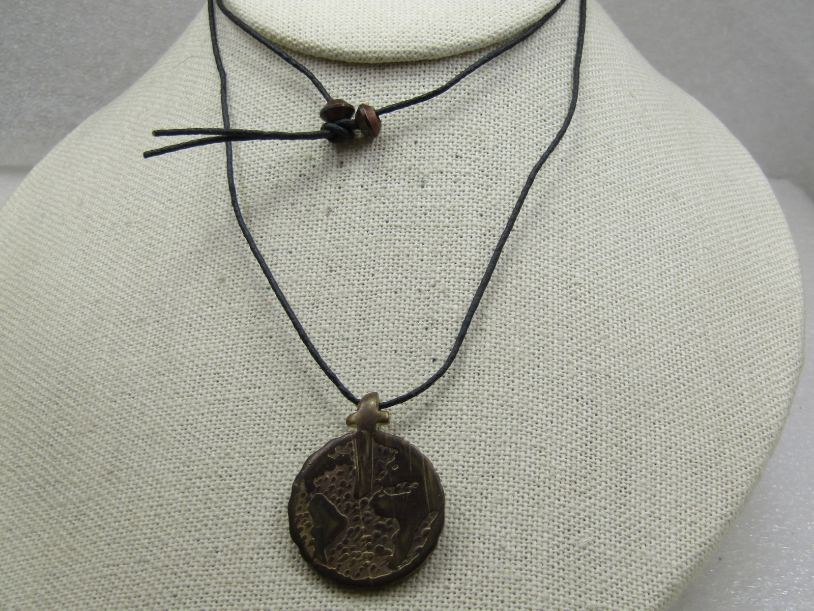Vintage Brass Cross Cruzar over Globe Necklace, 25" Cord Chain. Signed Badman - 2