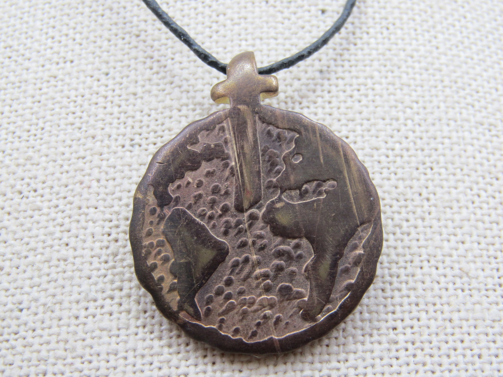 Vintage Brass Cross Cruzar over Globe Necklace, 25" Cord Chain. Signed Badman - 3