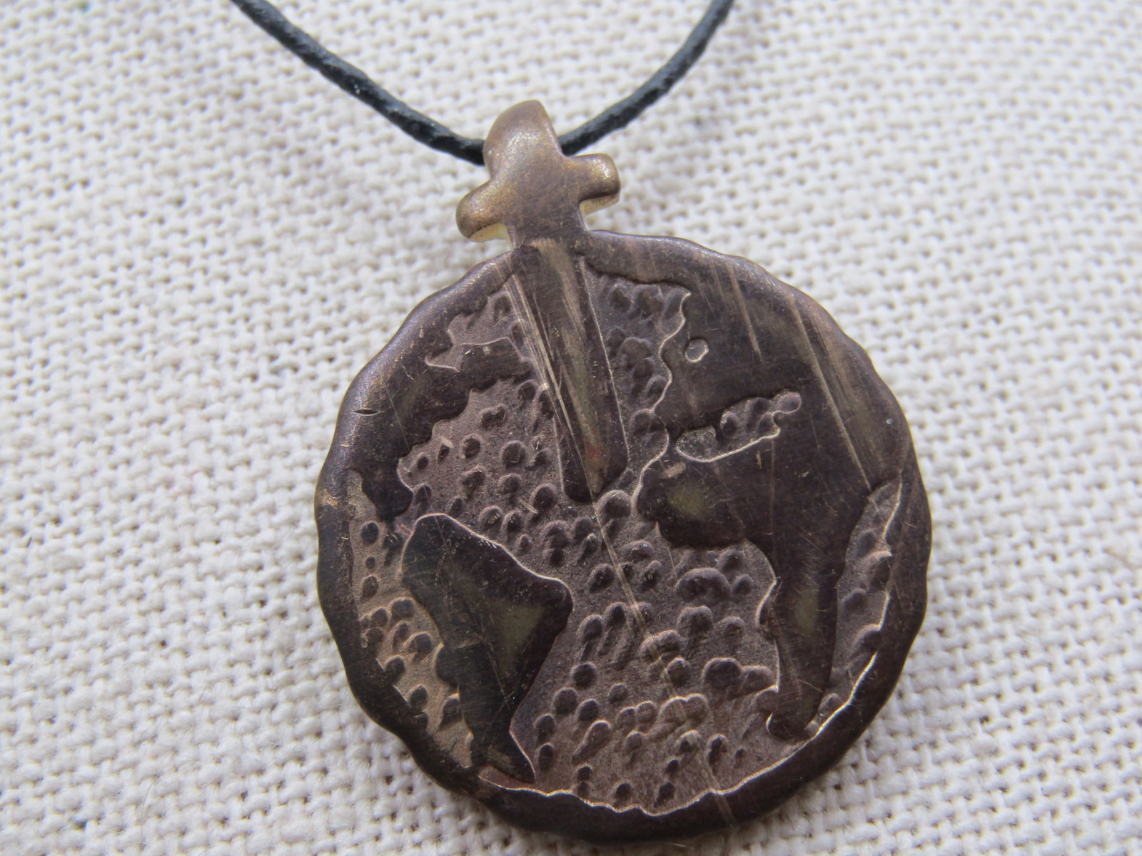Vintage Brass Cross Cruzar over Globe Necklace, 25" Cord Chain. Signed Badman - 4
