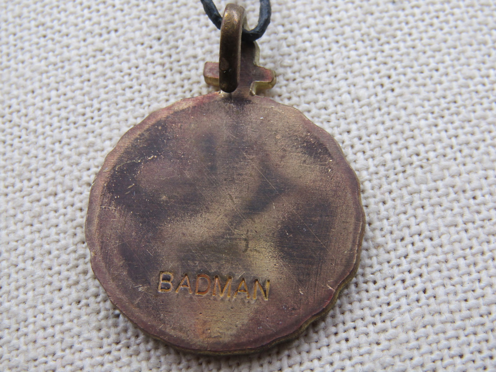 Vintage Brass Cross Cruzar over Globe Necklace, 25" Cord Chain. Signed Badman - 5