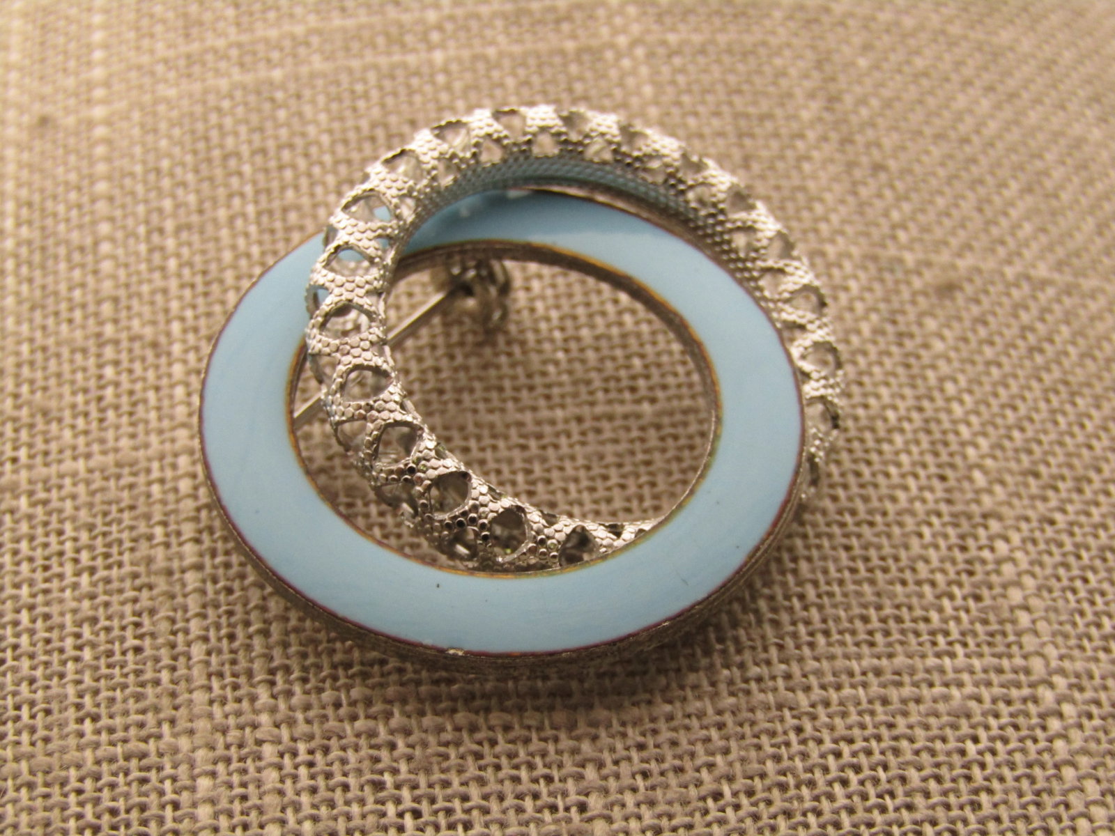 Vintage Aqua Enameled Double Circle Brooch, 1960's - 3