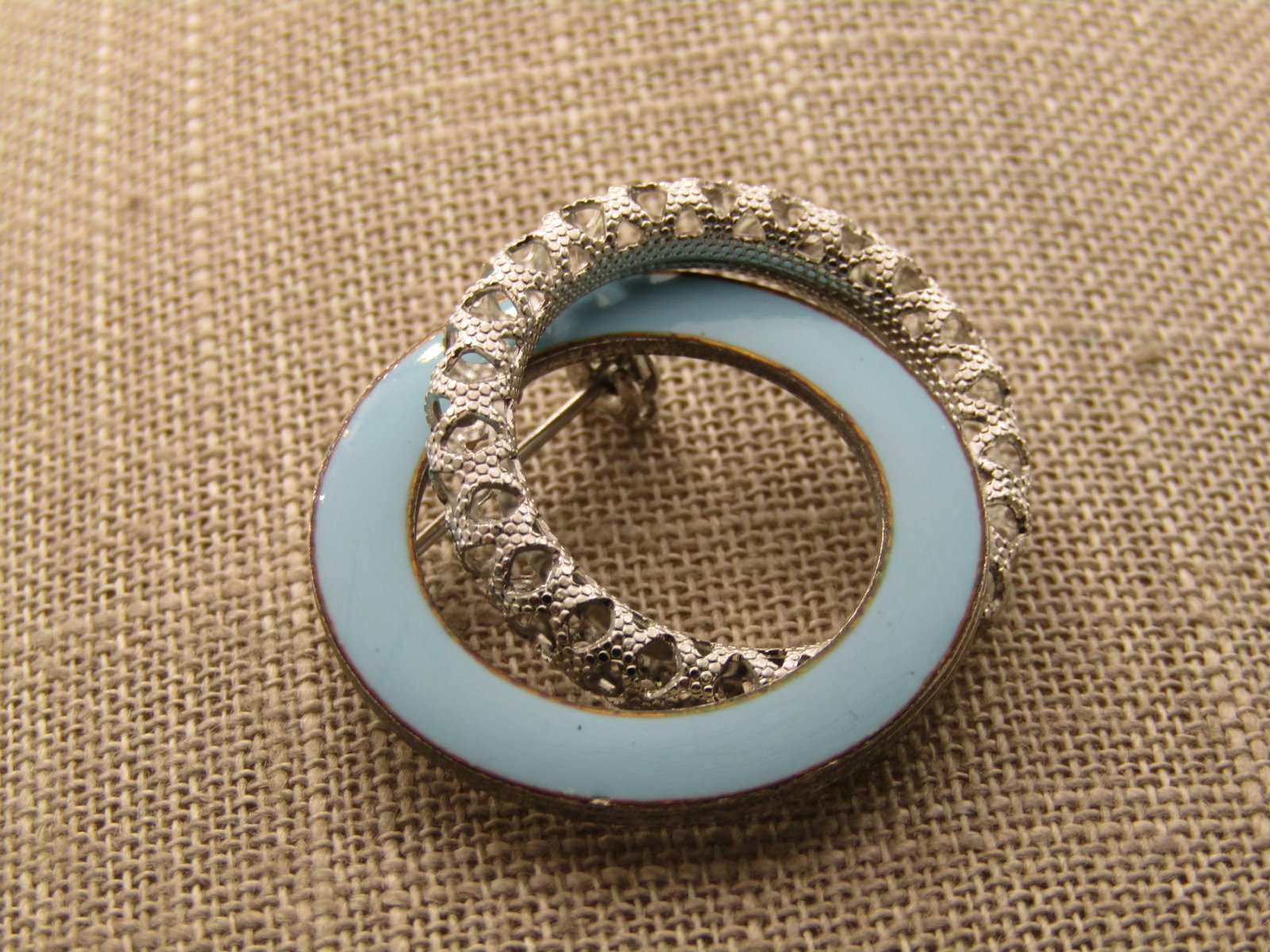 Vintage Aqua Enameled Double Circle Brooch, 1960's - 4