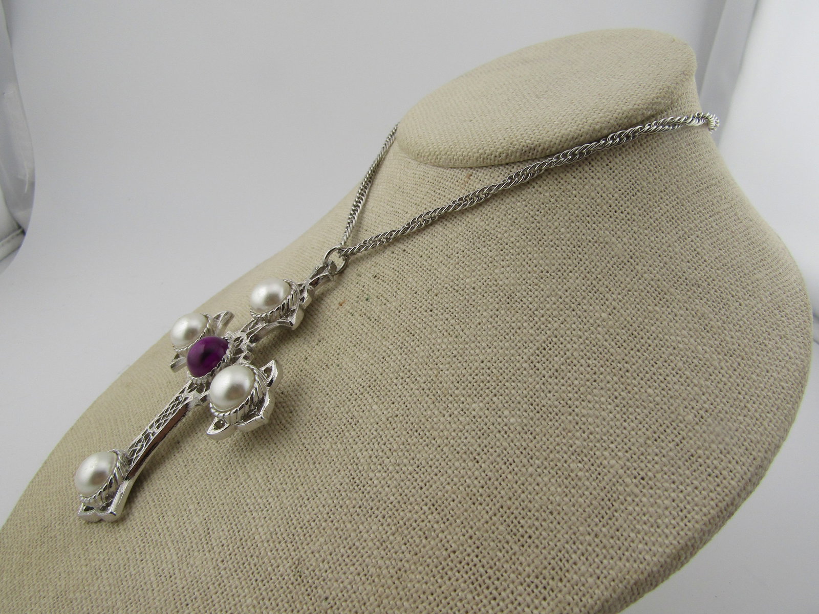 Vintage Faux Pearl Purple Stone Cross Necklace, 24", Sarah Coventry, 1980's - 2