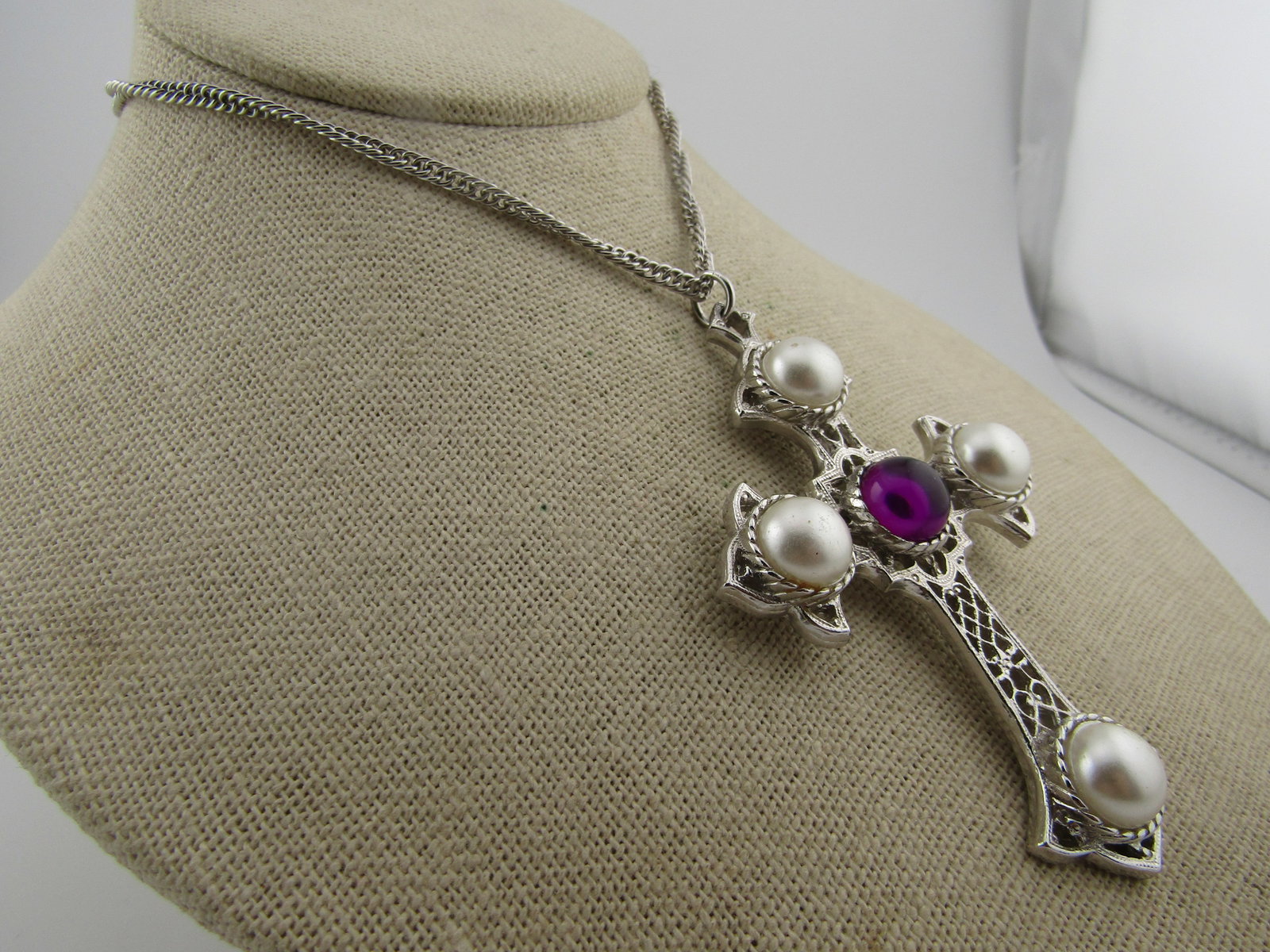 Vintage Faux Pearl Purple Stone Cross Necklace, 24", Sarah Coventry, 1980's - 3
