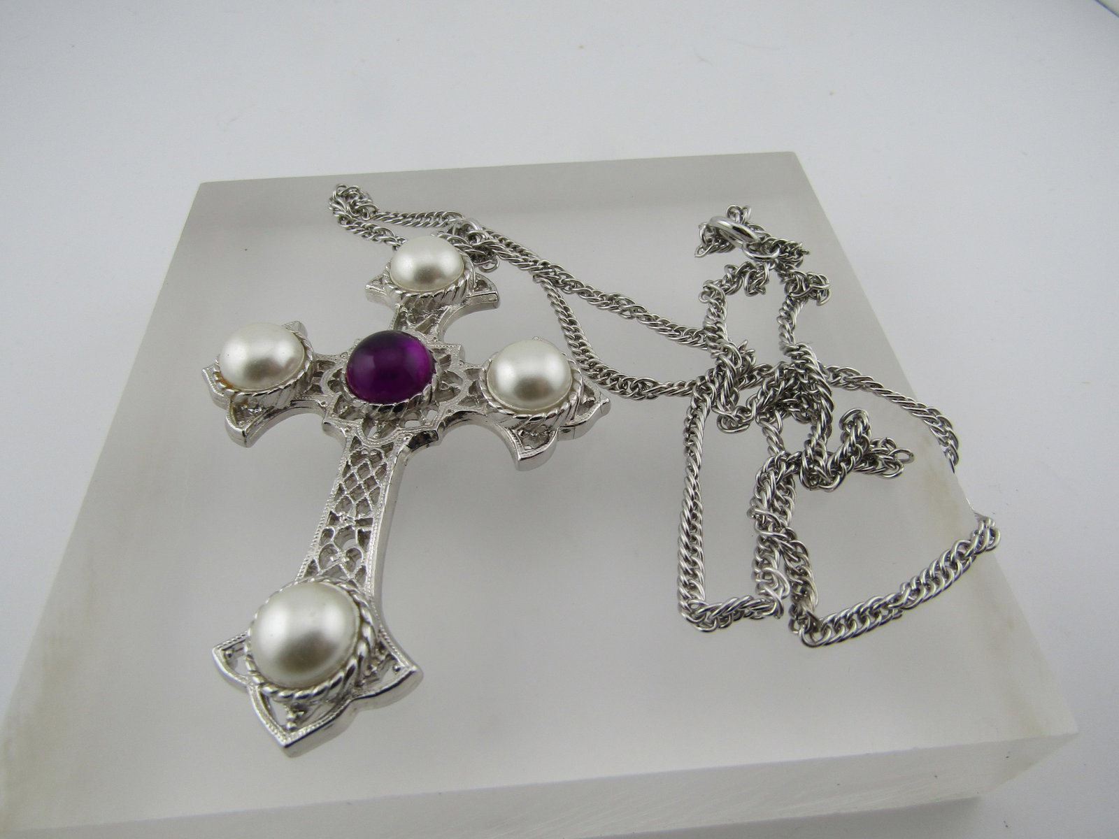 Vintage Faux Pearl Purple Stone Cross Necklace, 24", Sarah Coventry, 1980's - 4
