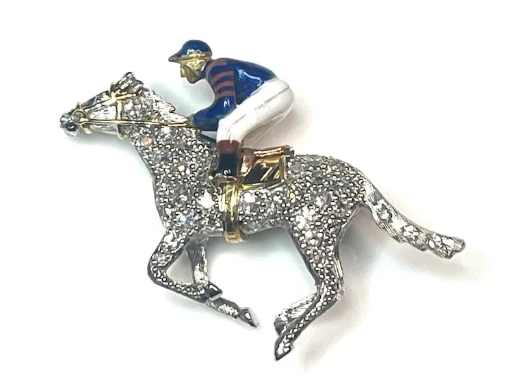 Stunning Estate 18k Gold and Diamond Horse with Enamel Jockey Brooch/ Pin - 2