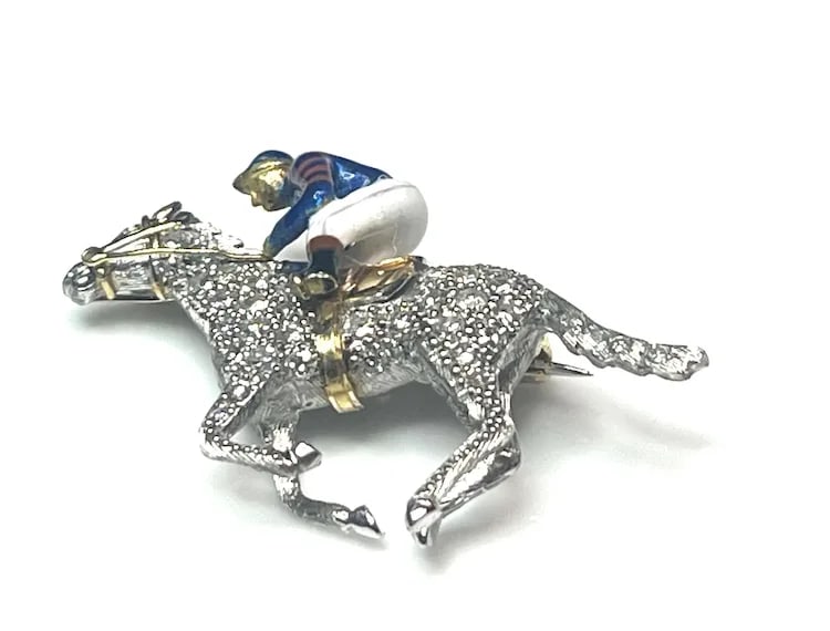 Stunning Estate 18k Gold and Diamond Horse with Enamel Jockey Brooch/ Pin - 3