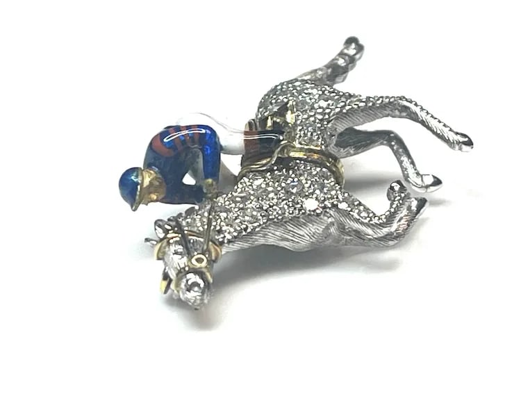 Stunning Estate 18k Gold and Diamond Horse with Enamel Jockey Brooch/ Pin - 4