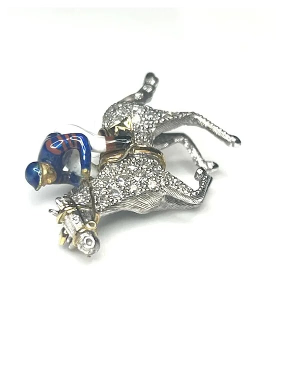 Stunning Estate 18k Gold and Diamond Horse with Enamel Jockey Brooch/ Pin - 5