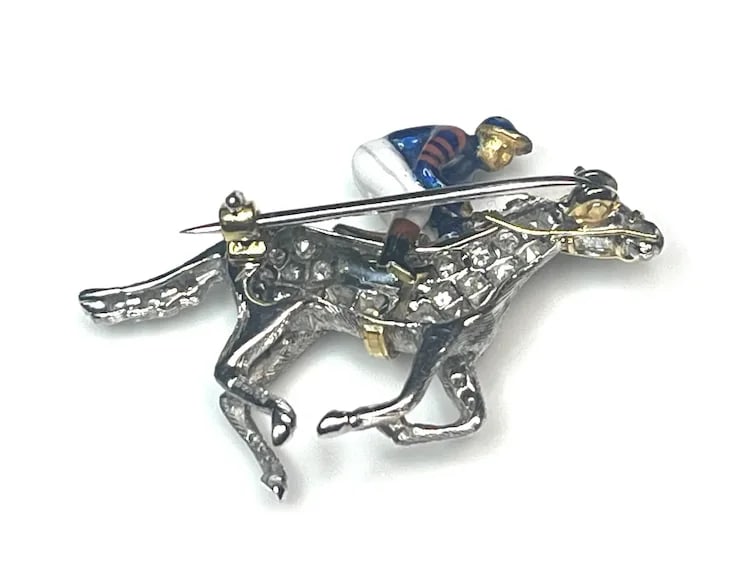 Stunning Estate 18k Gold and Diamond Horse with Enamel Jockey Brooch/ Pin - 9