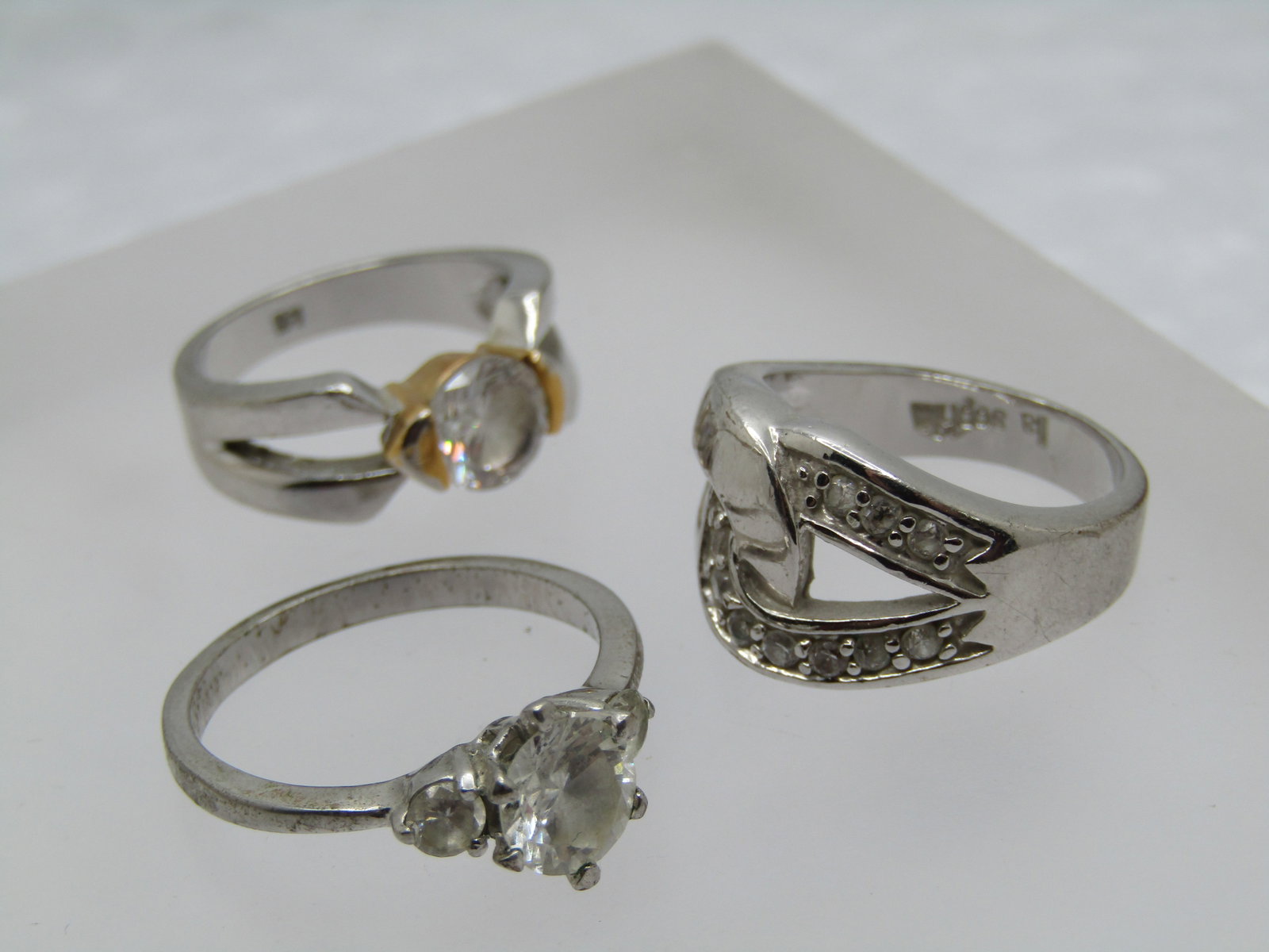 Three Silver Plated Rhinestone Rings, Sz. 7 and 9 - 5