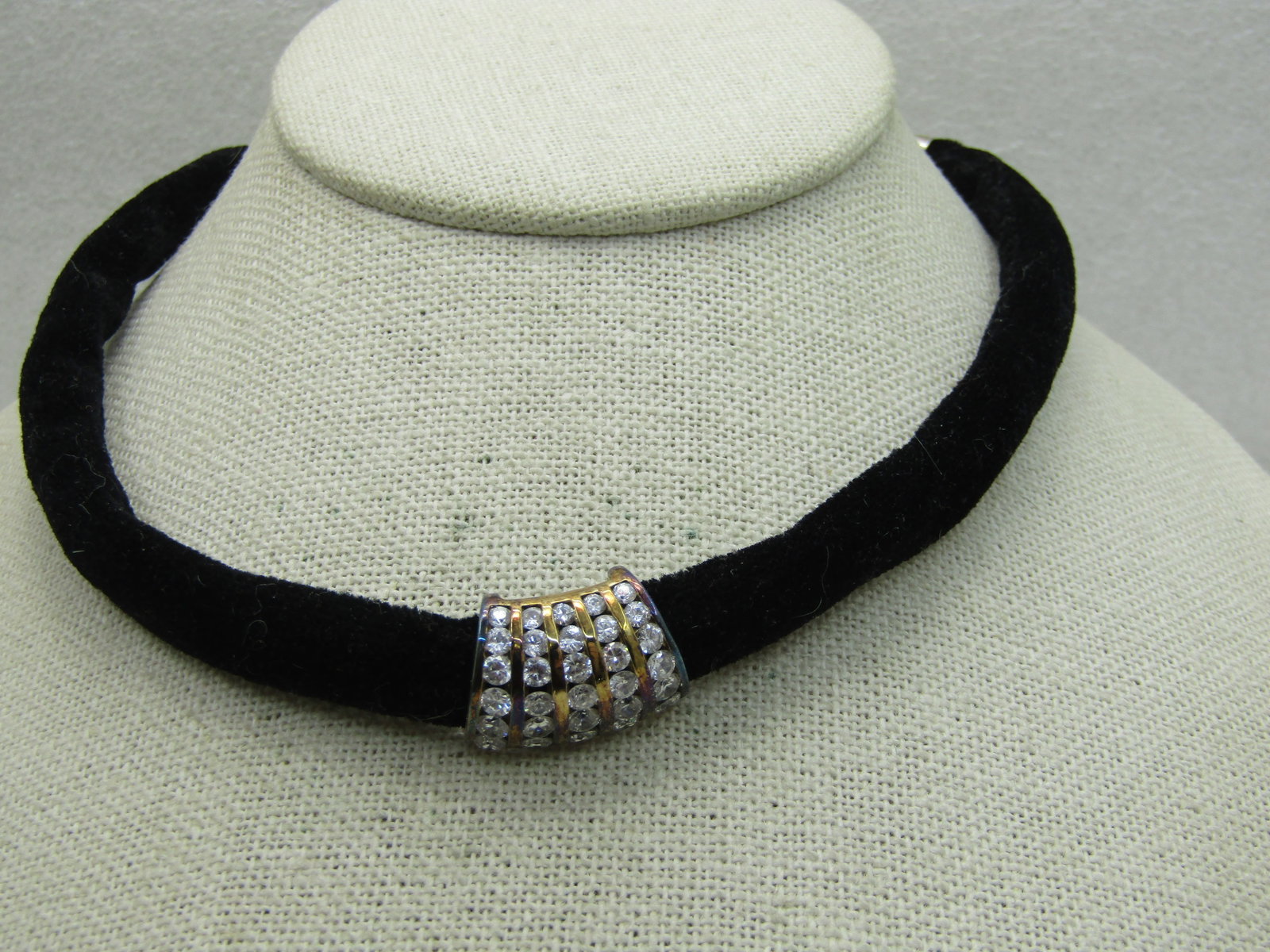 Vintage Black Velvet Rhinestone Slide, Channel Set Choker, Necklace, 16" - 2