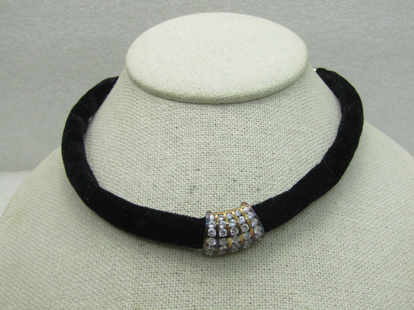 Vintage Black Velvet Rhinestone Slide, Channel Set Choker, Necklace, 16" - 3