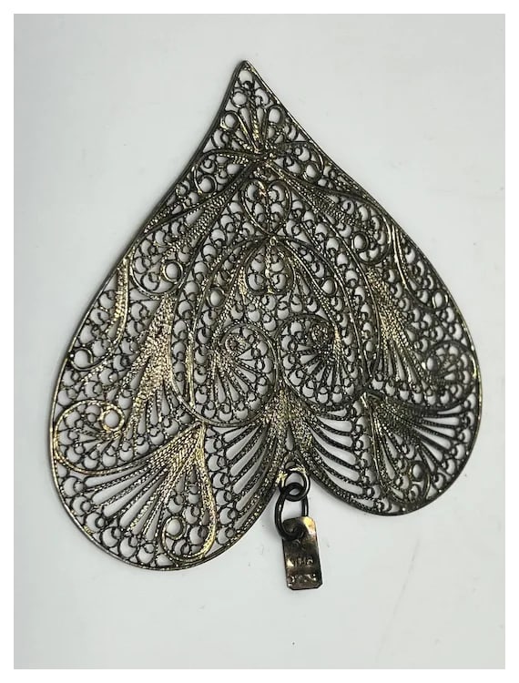 Vintage Large Sterling Silver Filigree Heart Pendant - 3