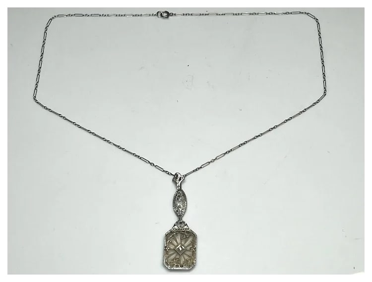 Vintage 14k White Gold Filigree Diamond and Natural Rock Crystal Quartz Necklace - 2