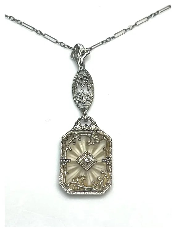 Vintage 14k White Gold Filigree Diamond and Natural Rock Crystal Quartz Necklace - 3