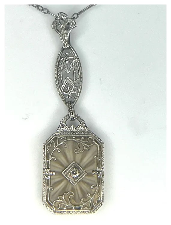 Vintage 14k White Gold Filigree Diamond and Natural Rock Crystal Quartz Necklace - 4