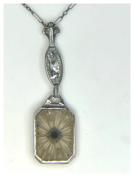 Vintage 14k White Gold Filigree Diamond and Natural Rock Crystal Quartz Necklace - 5