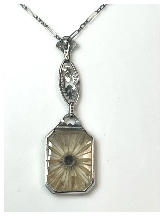 Vintage 14k White Gold Filigree Diamond and Natural Rock Crystal Quartz Necklace - 6