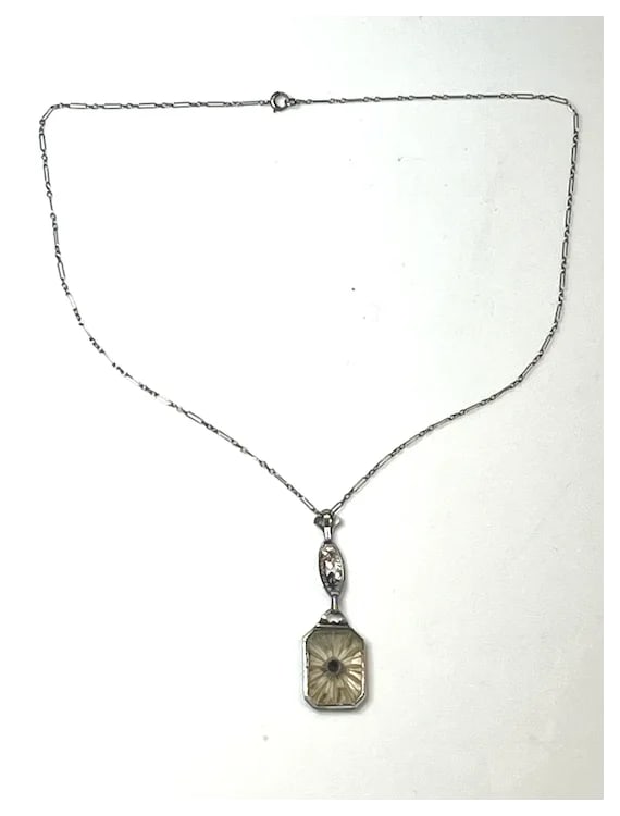Vintage 14k White Gold Filigree Diamond and Natural Rock Crystal Quartz Necklace - 7