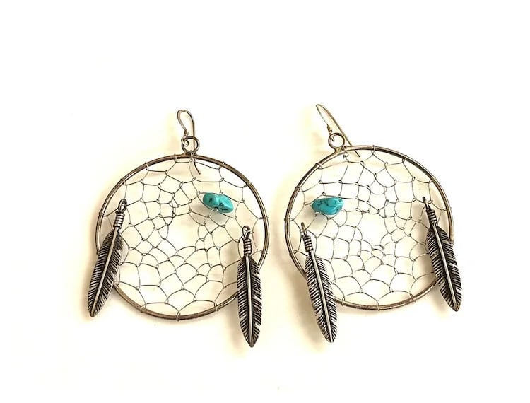 Vintage Native American Oversized Sterling Silver Dream Catcher Earrings - 2