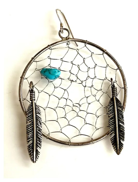 Vintage Native American Oversized Sterling Silver Dream Catcher Earrings - 3