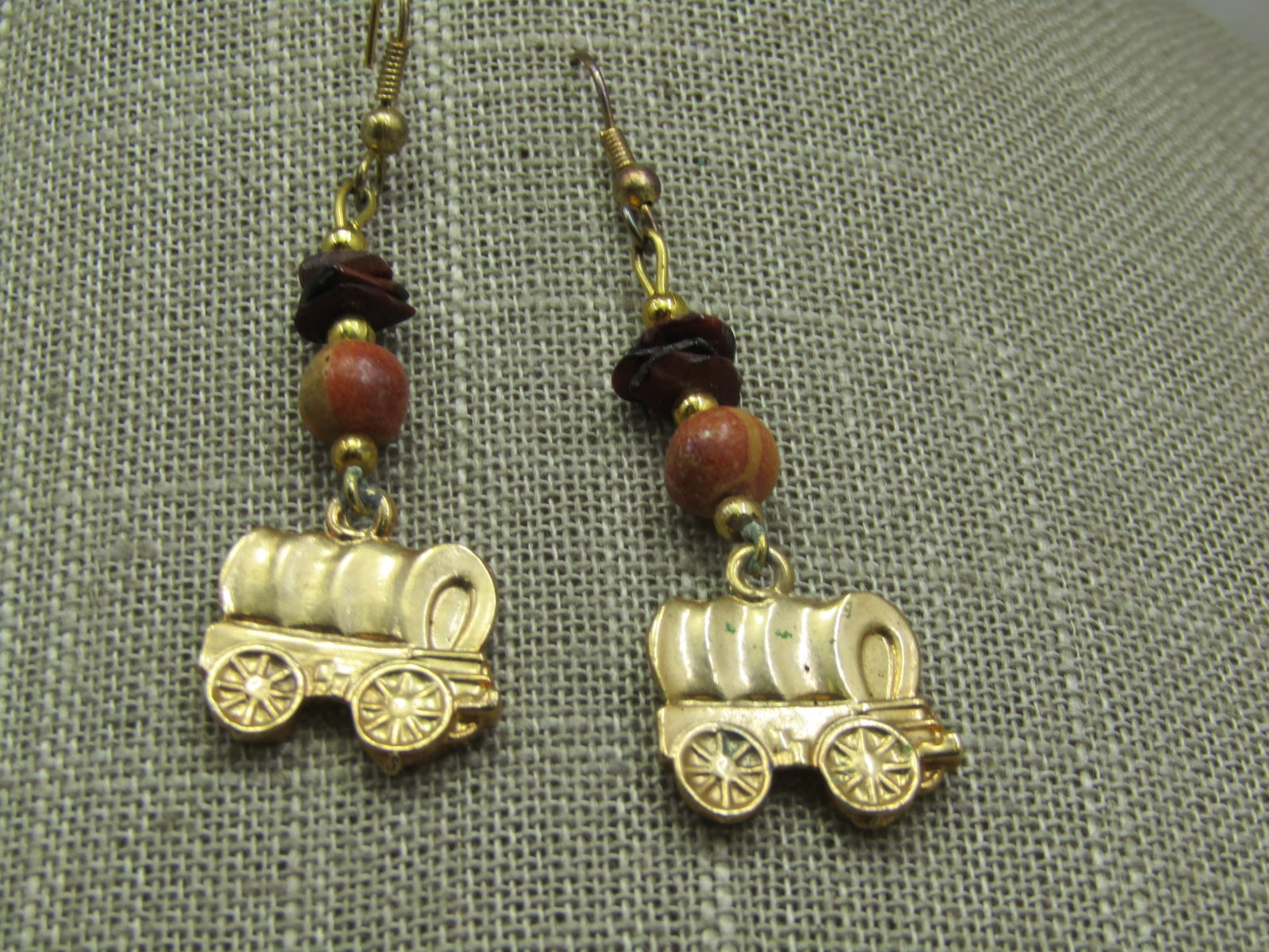 Southwestern Gold Tone Wagon Train Earrings, Pierced, 2.25" - 2