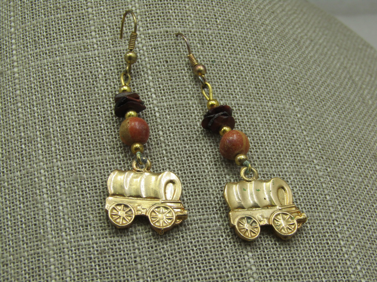 Southwestern Gold Tone Wagon Train Earrings, Pierced, 2.25" - 3
