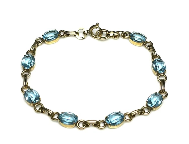 Vintage Van Dell Gold Filled Aqua Glass Jewel Link Bracelet - 2