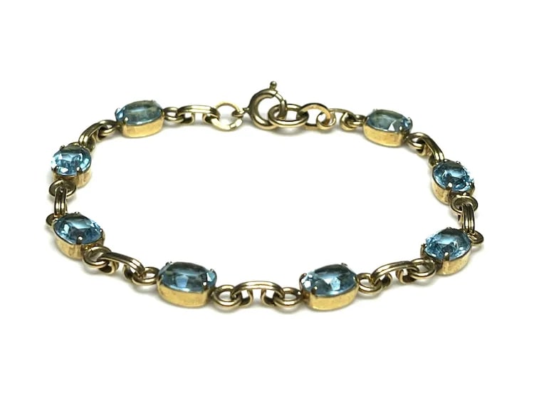 Vintage Van Dell Gold Filled Aqua Glass Jewel Link Bracelet - 3
