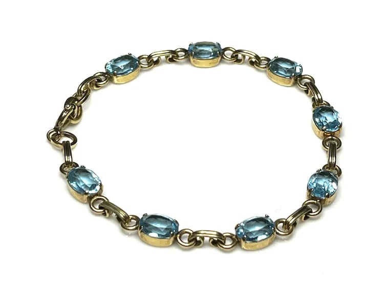 Vintage Van Dell Gold Filled Aqua Glass Jewel Link Bracelet - 4