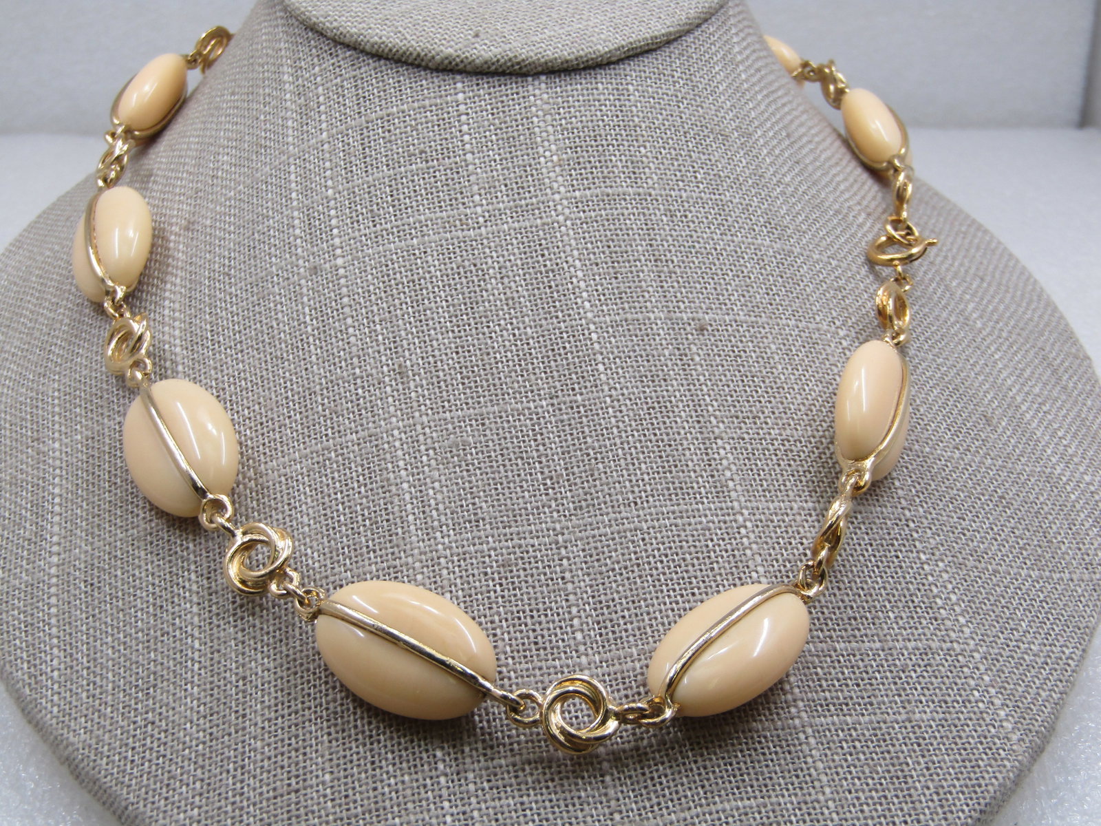 Vintage Cream Lucite Oval Beaded Necklace, Gold Tone Love Knot Link , 22", 1960's-1970's - 3