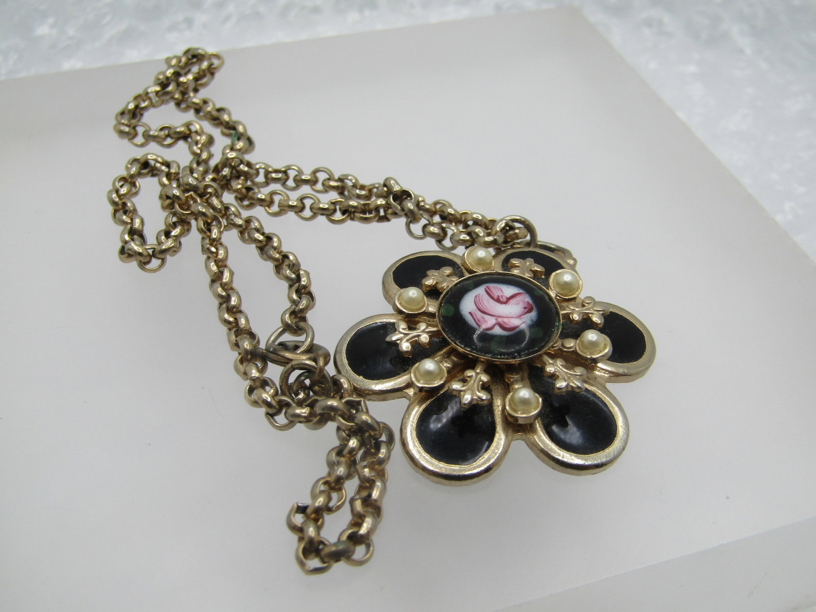 Vintage Black Guilloche Rose Necklace, 15", Faux Pearls, 1940's-1950's - 9