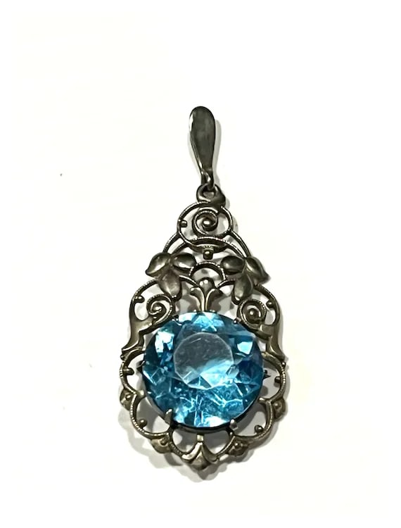 Antique Edwardian Blue Glass Silver Pendant - 2