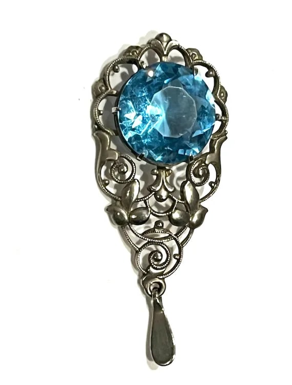 Antique Edwardian Blue Glass Silver Pendant - 3