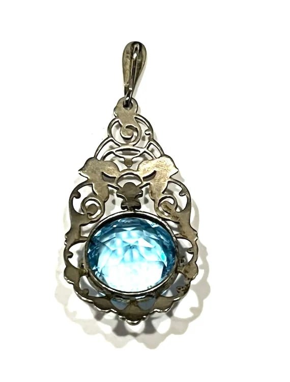 Antique Edwardian Blue Glass Silver Pendant - 4