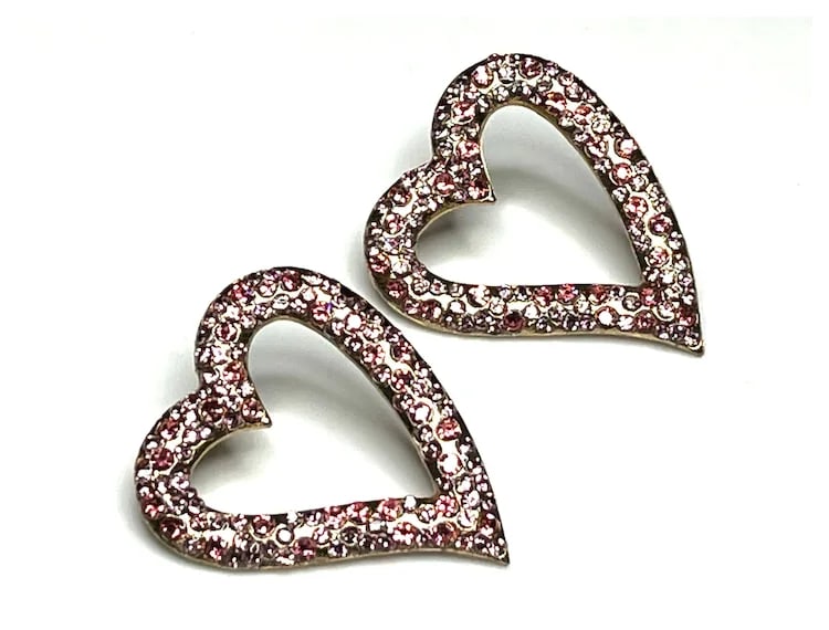 Estate Rhinestone Heart Statement Earrings - 2
