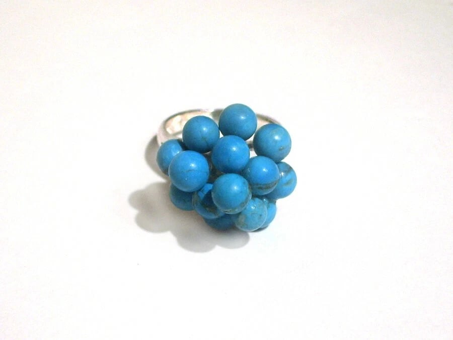 3 Tier Grape Cluster Cocktail Ring Sterling Silver with Turquoise Beads: Title:3 Tier Grape Cluster Cocktail Ring Sterling Silver with Turquoise Beads Description:This ring comes as an inspiration from my 4th jewelry collection of all cocktail rings, since they are popular