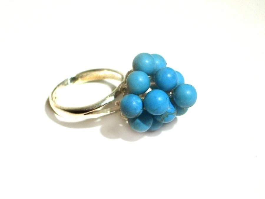3 Tier Grape Cluster Cocktail Ring Sterling Silver with Turquoise Beads - 3