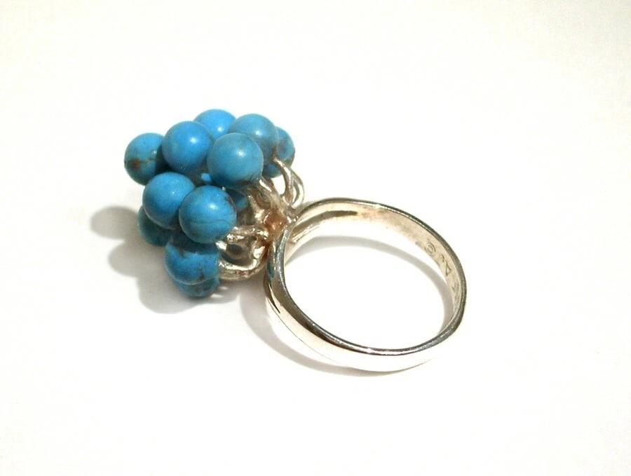 3 Tier Grape Cluster Cocktail Ring Sterling Silver with Turquoise Beads - 4