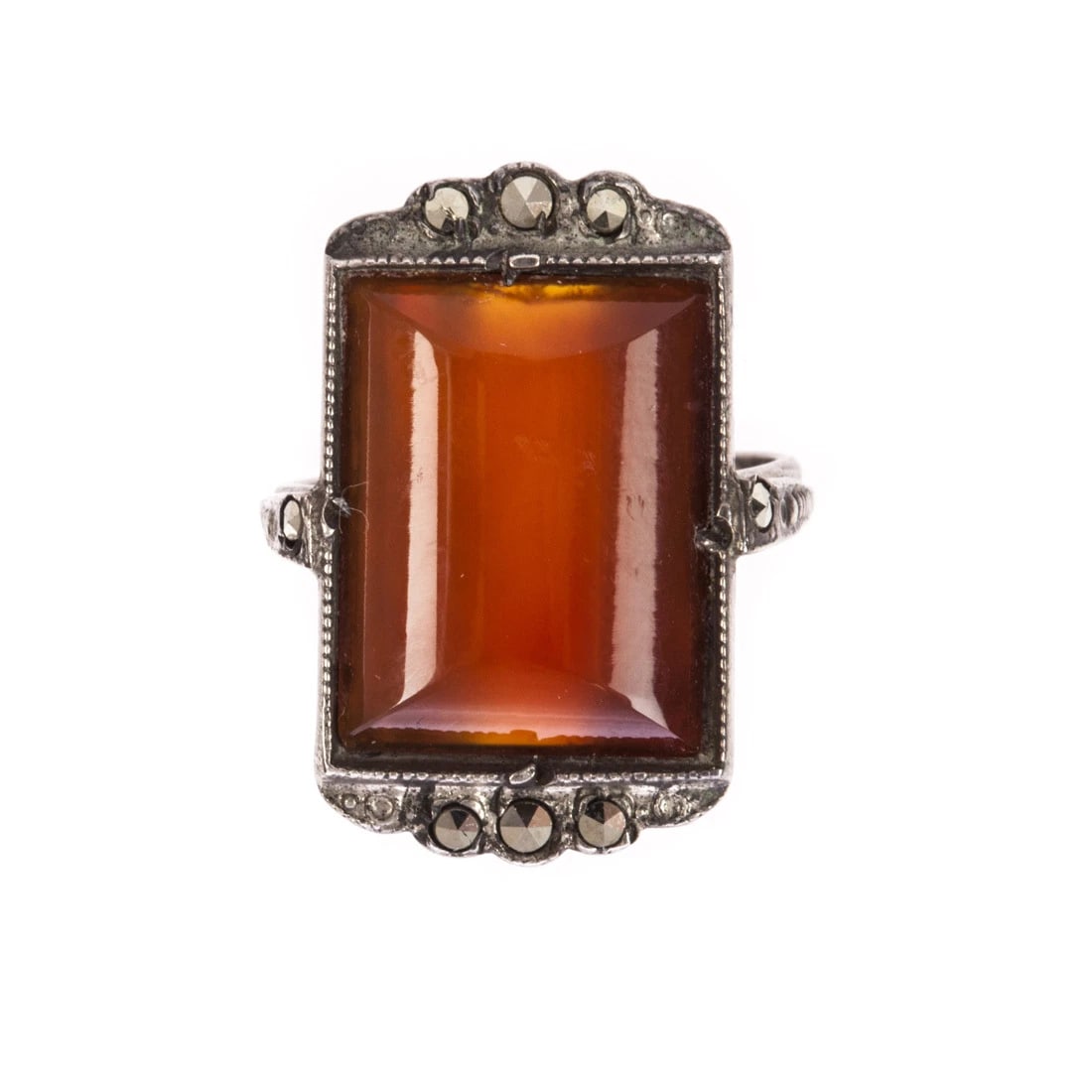 Art Deco Sterling Silver Rectangular Carnelian and Marcasite Ring - 2