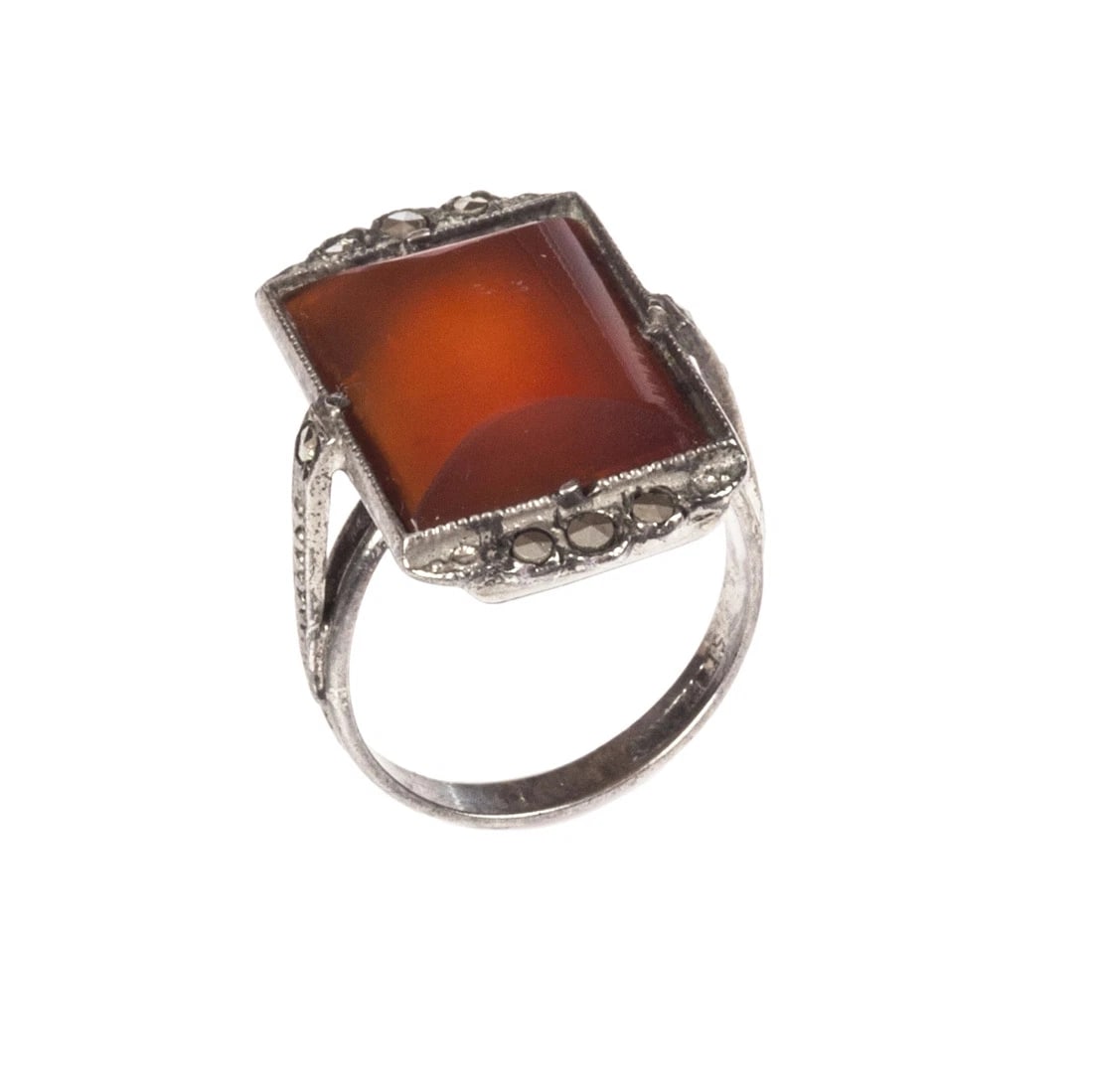 Art Deco Sterling Silver Rectangular Carnelian and Marcasite Ring - 3
