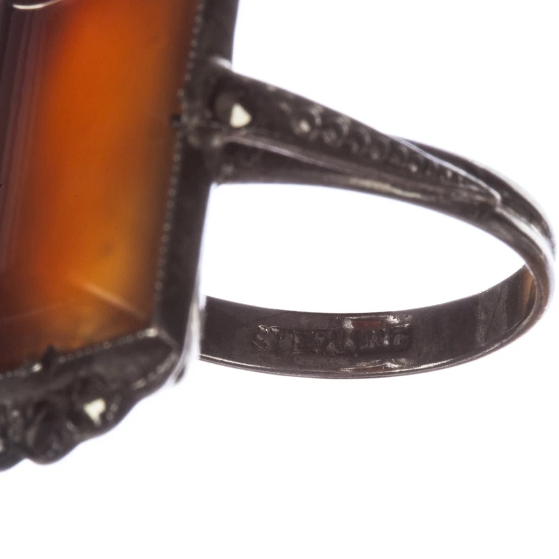 Art Deco Sterling Silver Rectangular Carnelian and Marcasite Ring - 7