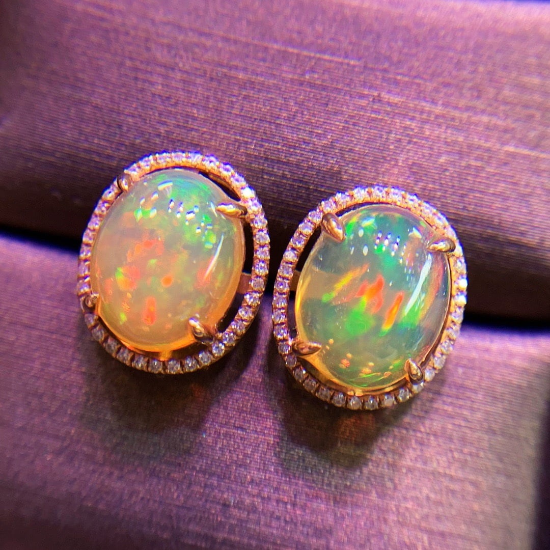 14K GOLD 3.6 CT NATURAL OPAL and DIAMOND EARRINGS - 2