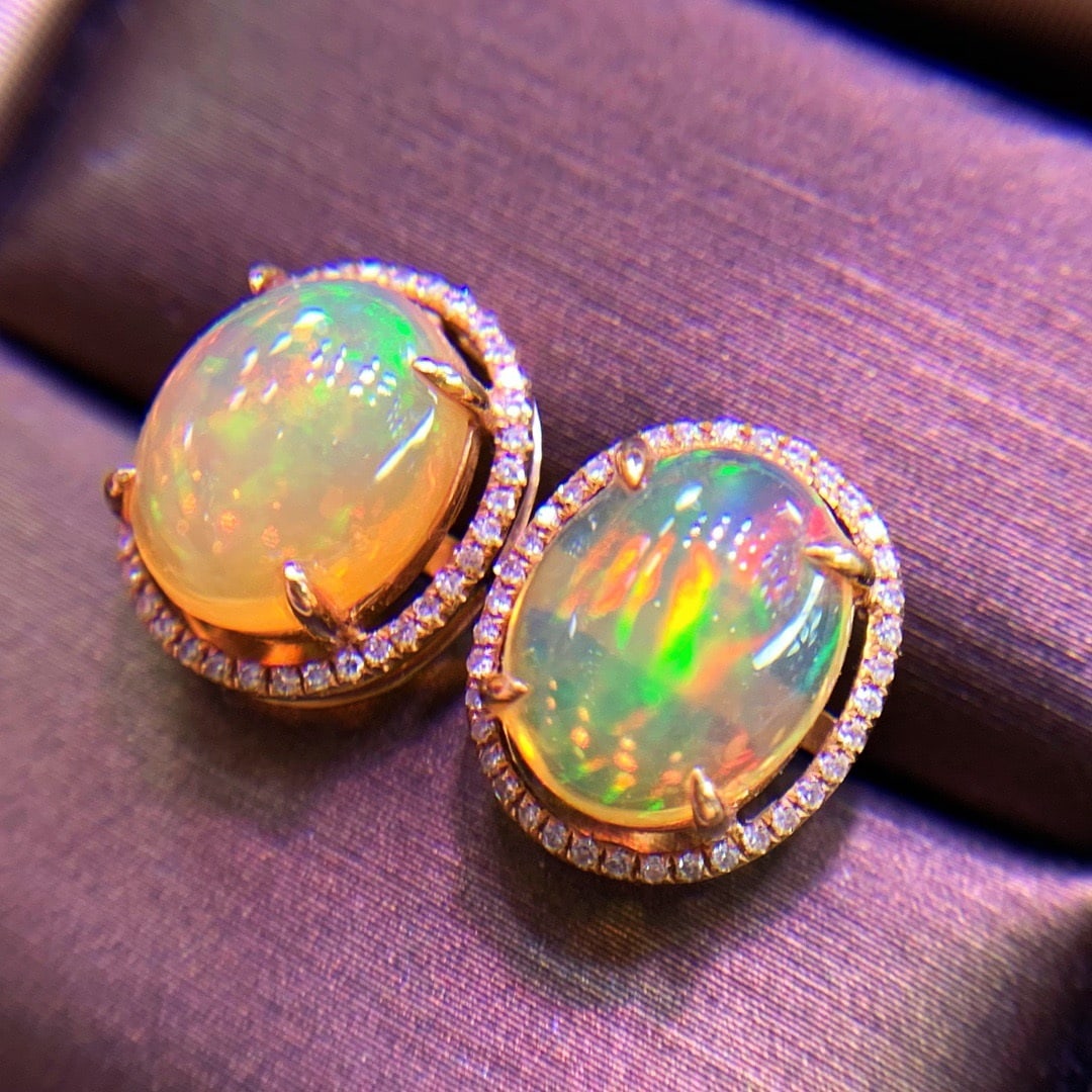 14K GOLD 3.6 CT NATURAL OPAL and DIAMOND EARRINGS - 3