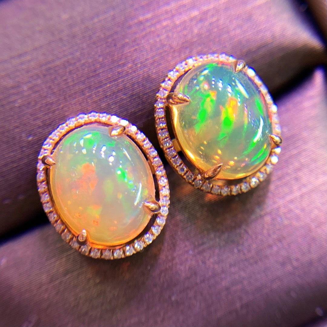 14K GOLD 3.6 CT NATURAL OPAL and DIAMOND EARRINGS - 4