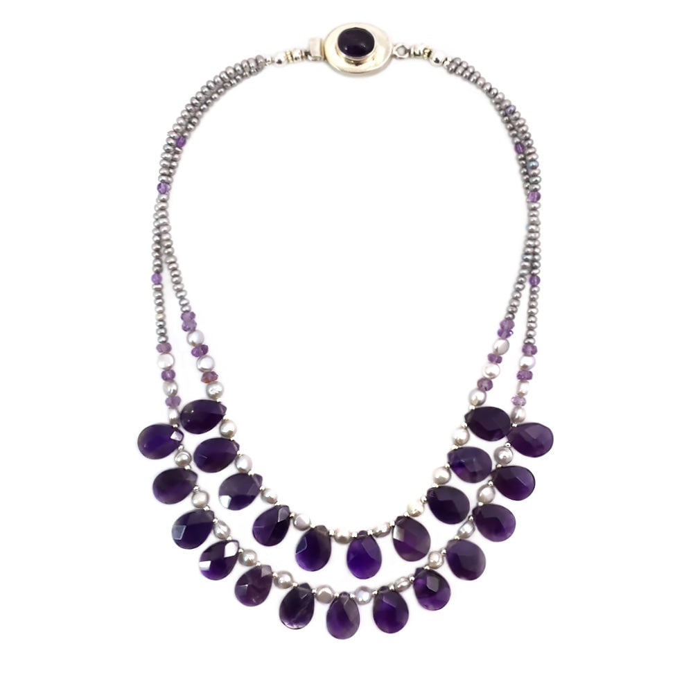 Amethyst and Pearl Double Strand Necklace-II: This is a double strand necklace we created with 11-14 mm faceted deep purple amethyst pear beads, 3 mm silver tone freshwater cultured pearls, plus a sterling box clasp with amethyst cabochon. Dimens