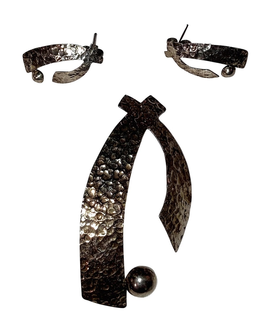 Mexican Sterling Silver Abstract Hammered Pendant Earring Set - 2