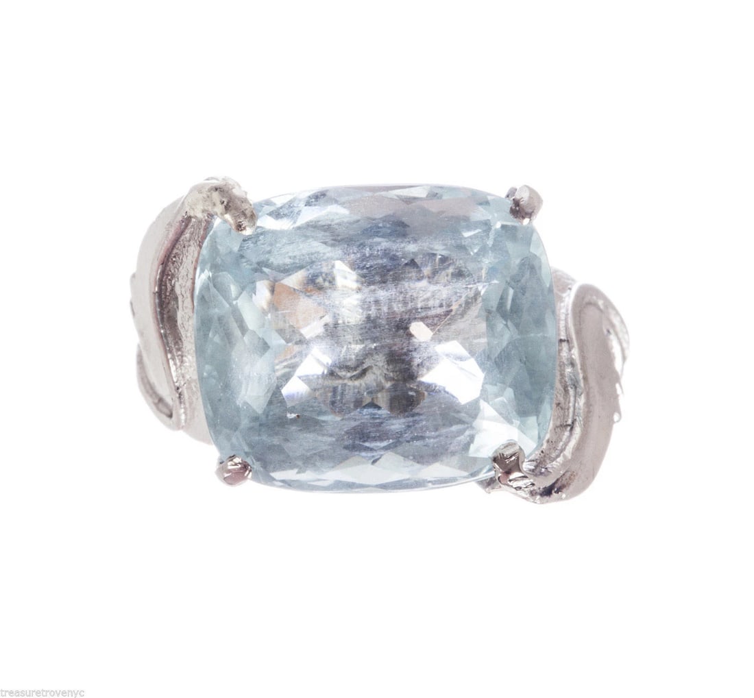 Art Deco 14 kt White Gold Cushion Cut Aquamarine Cocktail Ring - 3